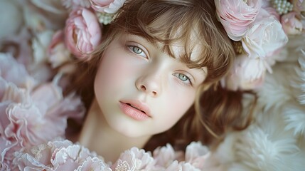   A tight shot of a woman adorned with flowers in her hair and a pink wreath encircling her head and shoulders