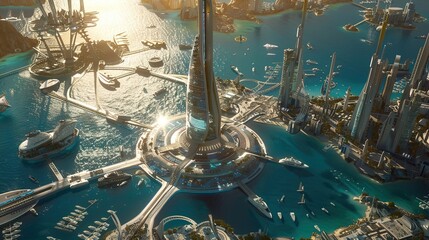 Obraz premium A futuristic city built on top of the ocean with tall buildings, bridges, and waterways.