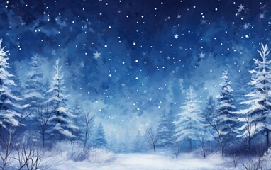 Snowy winter background with ice trees and snowflakes