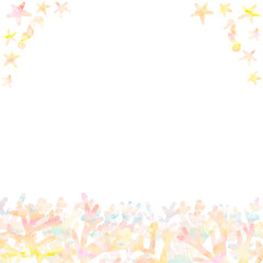 珊瑚礁、タツノオトシゴ、ヒトデで形作ったコーラルカラーの夏らしいフレーム。