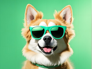 A dog wearing sunglasses and a green collar