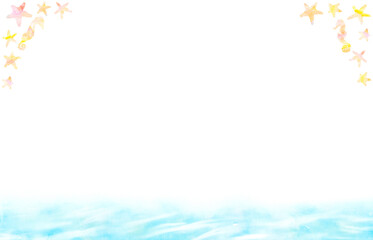 タツノオトシゴと海のおしゃれな水彩フレーム。