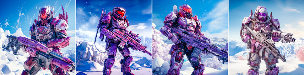 Futuristic robot in pink combat armor Giant sniper rifle in hand Wet skin and snowfall Hyper realistic image of a futuristic world
