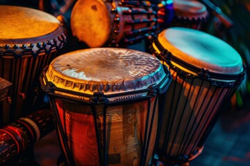 Close up view of dark colored orchestral percussion instruments