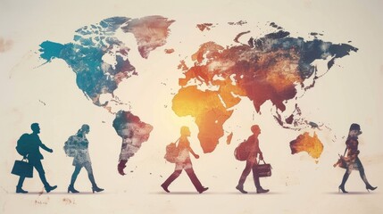 Group of people walking across world map