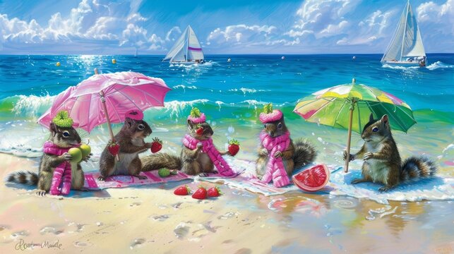   A painting of a chipmunk family at the beach with a watermelon and a watermelon slice