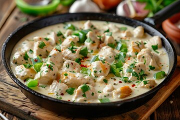 Closeup of delicious Mexican chicken in creamy sauce with vegetables in pan on table