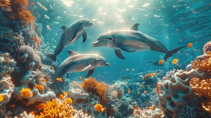 Dolphins swimming over coral reef