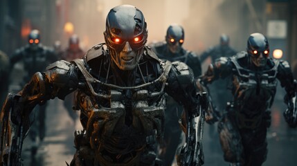 Fototapeta premium A group of evil robots are running down the street