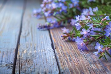 Closeup of wild rosemary with flowers on wooden table