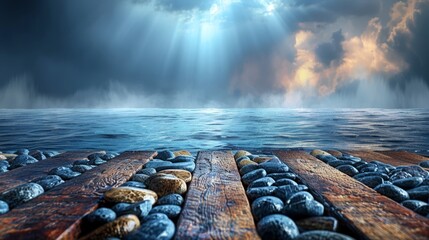   A wooden dock nestled in a body of water, dotted with rocks below, and above, an expansive sky teeming with clouds