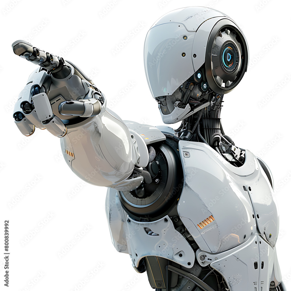 Wall mural ai android robot pointing hand at front on isolated transparent background
