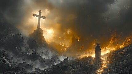 Mood of Contemplation: Silhouette, Cross, and Golden Aura