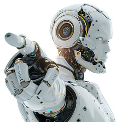 Fototapeta premium Ai android robot pointing hand at front on isolated transparent background