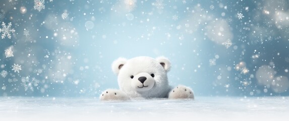 Banner with a cute fluffy bear on a snow background.