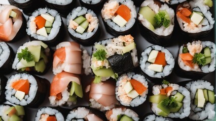 'sushi rolls isolated white background food raw rice seafood fish epicure japanese dinner asian cookery lunch traditional japan seaweed caviar delicious asia delicacy fresh eatery california avocado'