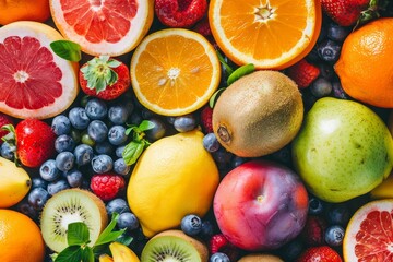 Colorful assortment of fresh fruits on natural background Concept of vitamins and nutrition