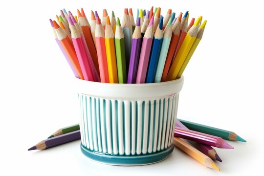 Color pencils in adorable container isolated on white background front view
