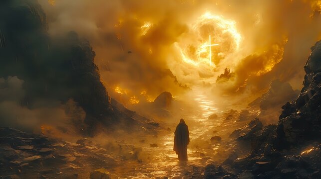 Solemn Path of Reflection: Silhouette Figure and Golden Glow