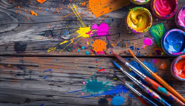 Colorful ink splashes surrounding brushes and ink paint on wooden table from top view