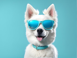 Obraz premium A white dog wearing sunglasses and a blue collar