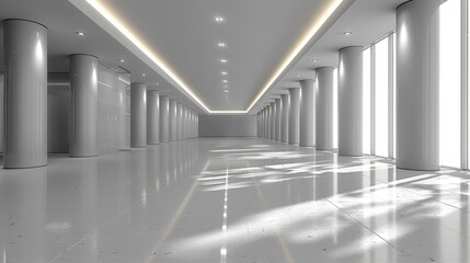   A long, sunlit hallway, adorned with columns and lights, casts gentle illumination Sunlight filters in through windows along each side