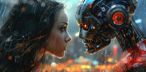 Interaction between a girl and a robot. The concept of the relationship between a person and artificial intelligence