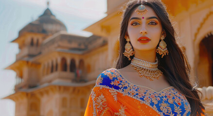 A beautiful Indian woman wearing an orange and blue lehenga with gold jewelry