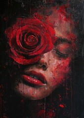 Sad woman's face and red roses on a dark gloomy background.