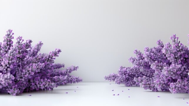   A collection of violet blooms arranged together on a pristine tabletop against a white backdrop