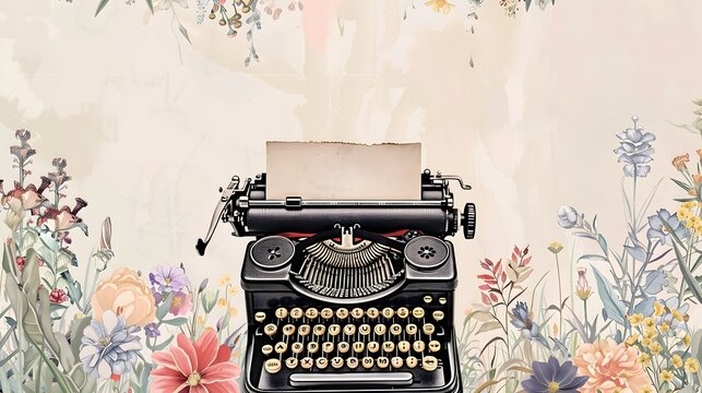 Vintage Typewriter Adorned with Intricate Floral Doodles Surrounded by Wildflower Sketches in Various Stages of Completion Generative ai