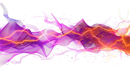 Vibrant purple neon lightning bolts alongside dynamic orange wave patterns, isolated on a solid white background."