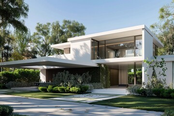 Contemporary white house with large garden and garage outside view