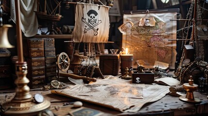 Pirate adventure on a ship with treasure maps and pirate flags  