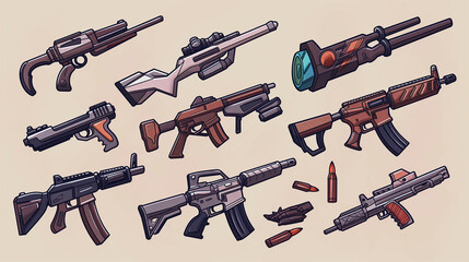 Collection of stylized firearms illustration - obrazy, fototapety, plakaty