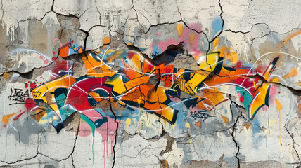 A wall of cracked concrete, its imperfections highlighted and celebrated through the application of colorful, abstract graffiti tags
