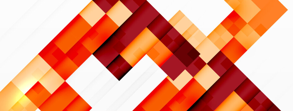 An artistic closeup of a vibrant geometric pattern featuring colorful rectangles in orange, magenta, and brown hues on a white textile background, showcasing symmetry and colorfulness