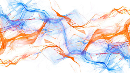 Vibrant orange neon lightning arcs intersecting with lively blue wave formations, isolated on a solid white background."