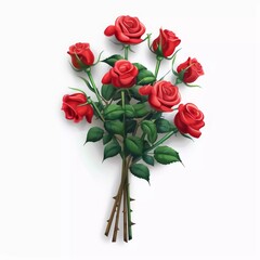 3d vector rose bouquet icon. Bunch of red flowers in cartoon style illustration, isolated on white background