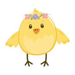 Cute Easter design for chicks. Vector illustration on a white background. Chicken girl with a wreath on her head. Character. 