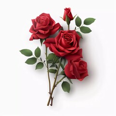 3d vector rose bouquet icon. Bunch of red flowers in cartoon style illustration, isolated on white background