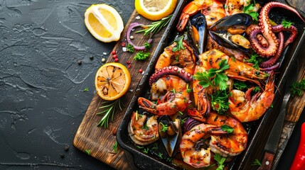 Sizzling mixed seafood grill with octopus, prawns, and mussels, seasoned with Mediterranean spices, captured from above on a rustic wooden board