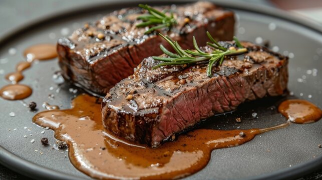 Sirloin steak, masterfully seared, served with a peppercorn sauce on an undistracted background, highlighted by studio lighting, raw portrayal