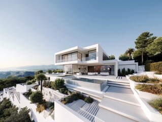 Fototapeta premium Beautiful contemporary white house with lush grass and blue sky twilight and daylight
