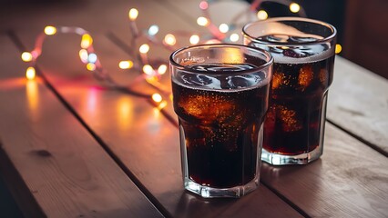 Glasses of cold cola against blurred fairy lights