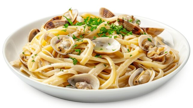 Savory linguine with clams in a white wine sauce, fresh herbs, well-lit against an isolated background