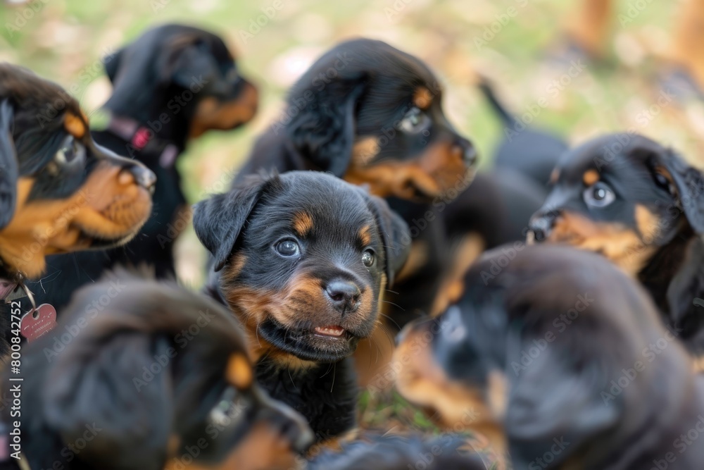 Wall mural Beautiful Rottweiler puppies sitting outdoors in summer