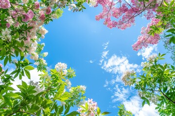 Green leaves and pink white flowers of various trees in the foreground, blue sky background