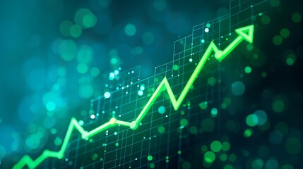 An upward-pointing green arrow on a stock market chart represents growing profits.
