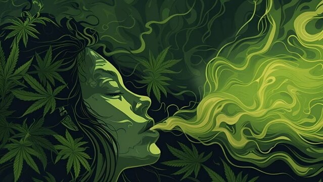 Green illustration of a beautiful woman blowing out swirling smoke from marijuana while surrounded by cannabis plants. Background for cannabis products advertisement.